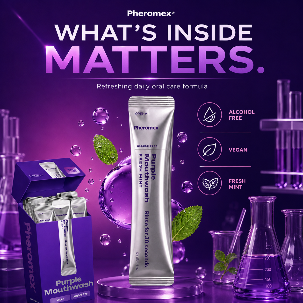 Purple Mouthwash - Sachets 20 Pack - Peroxide-Free - Alcohol Free -🌿Vegan Mint🌿